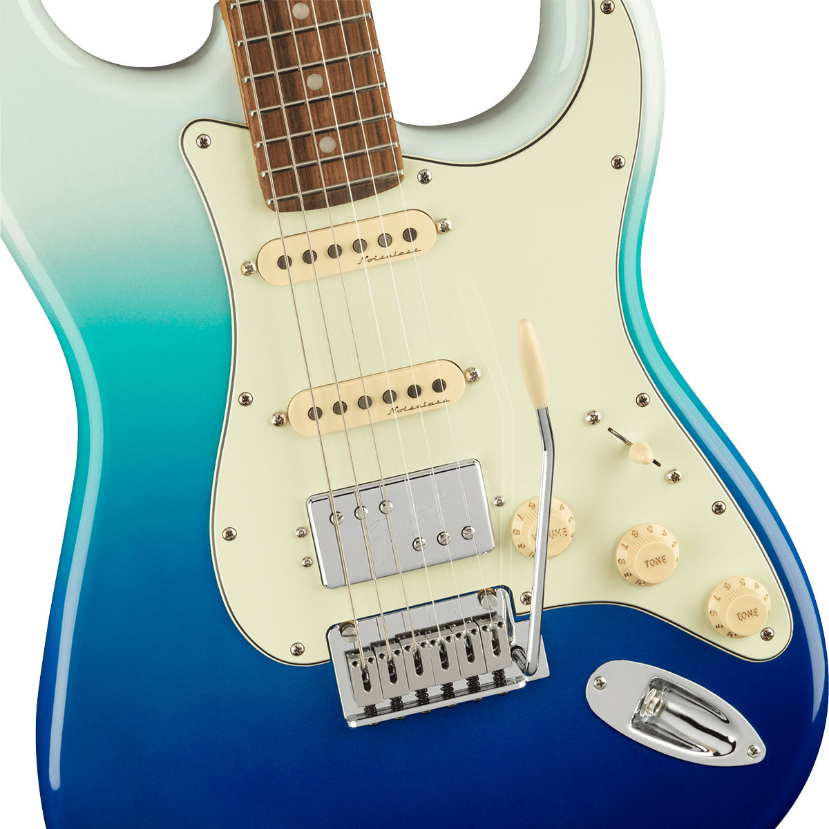 Detail top view of Fender Player Plus Stratocaster HSS - Pau Ferro, Belair Blue showing body