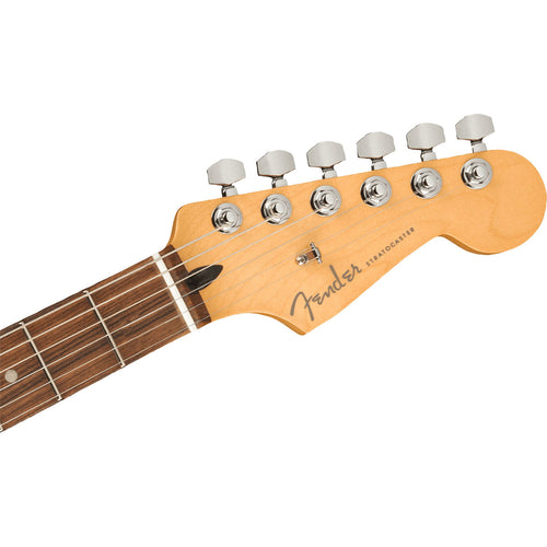 Detail view of Fender Player Plus Stratocaster HSS - Pau Ferro, Belair Blue showing top of headstock and portion of fretboard