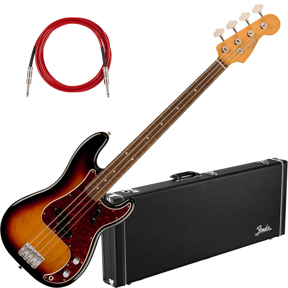 Collage image of the Fender Vintera II 60s Precision Bass - 3 Color Sunburst W/ HARDCASE