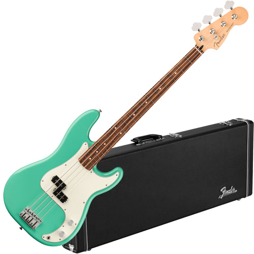 Collage image of the Fender Player Precision Bass - Sea Foam Green W/ HARDCASE