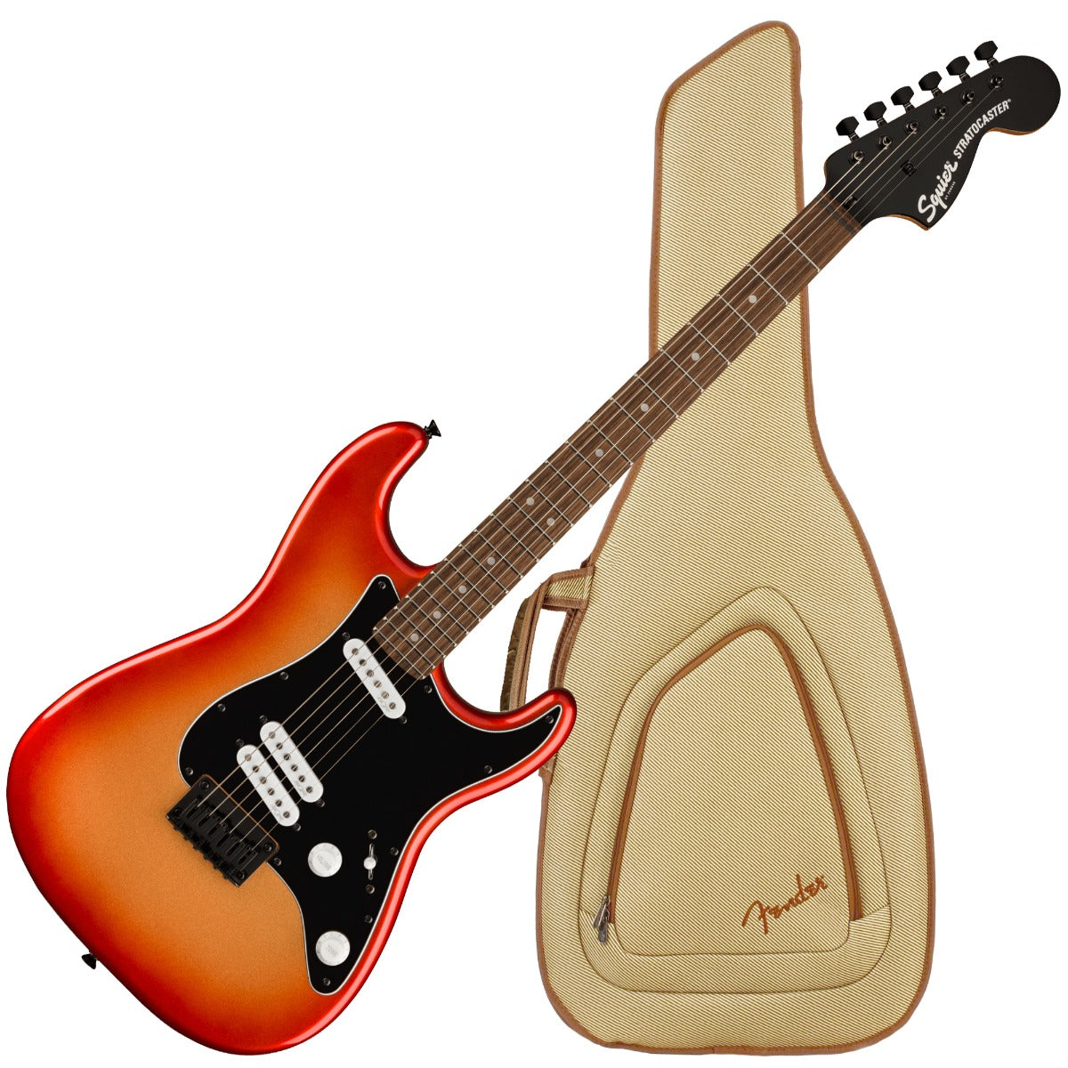 Collage of the components in the Squier Contemporary Stratocaster Special HT - Sunset PERFORMER PAK