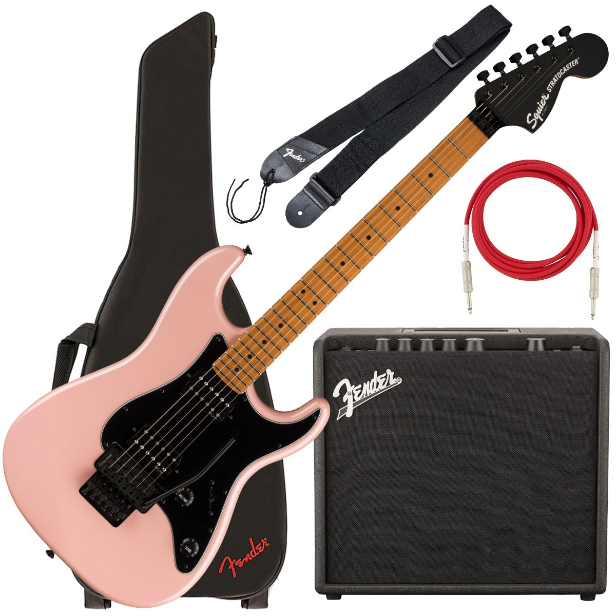 Collage of the components in the Fender Squier Contemporary Stratocaster HH FR - Shell Pink Pearl COMPLETE GUITAR BUNDLE