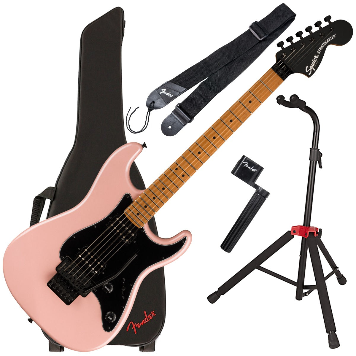Collage of the components in the Fender Squier Contemporary Stratocaster HH FR - Shell Pink Pearl STAGE ESSENTIALS BUNDLE