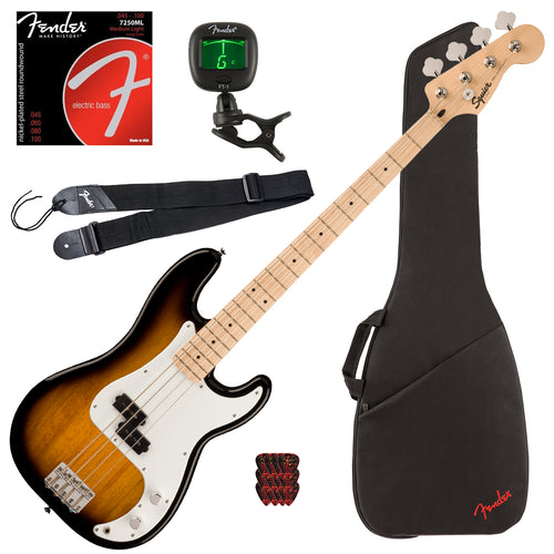 Collage image of the Fender Squier Sonic Precision Bass - 2-Color Sunburst BASS ESSENTIALS BUNDLE