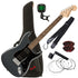 Collage of the components in the Squier Affinity Stratocaster HH - Laurel, Charcoal Frost Metallic GUITAR ESSENTIALS BUNDLE