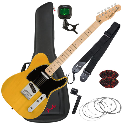 Collage of the components in the Squier Affinity Telecaster - Maple, Butterscotch Blonde GUITAR ESSENTIALS BUNDLE