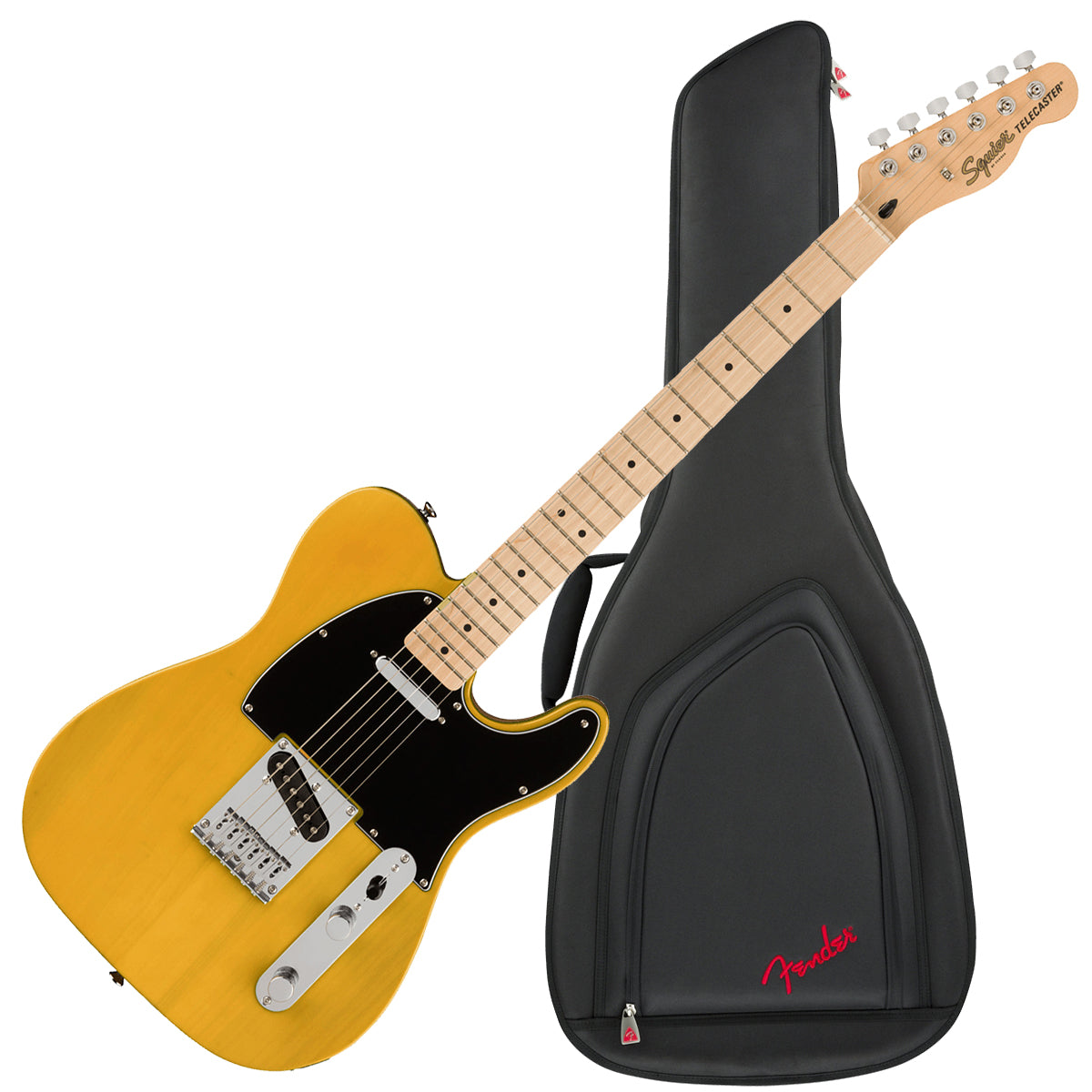 Collage of the components in the Squier Affinity Telecaster - Maple, Butterscotch Blonde PERFORMER PAK bundle