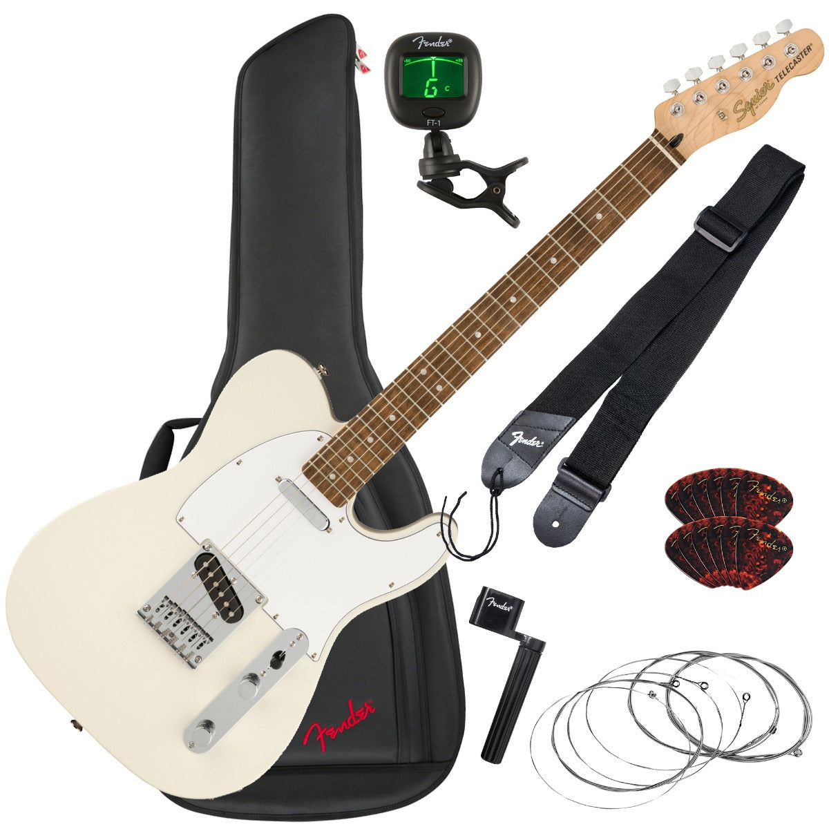 Collage of the components in the Squier Affinity Telecaster - Laurel, Olympic White GUITAR ESSENTIALS BUNDLE