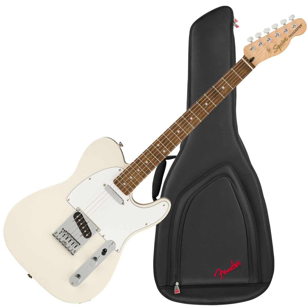 Collage of the components in the Squier Affinity Telecaster - Laurel, Olympic White View PERFORMER PAK bundle