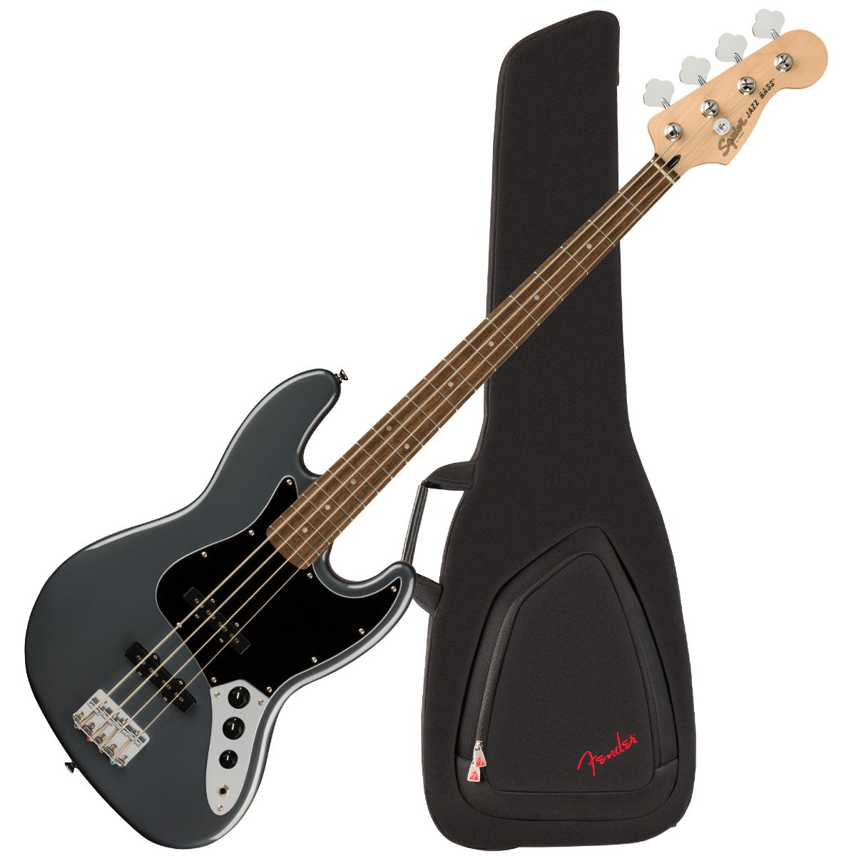 Bundle collage of the components for the Squier Affinity Jazz Bass - Laurel, Charcoal Frost Metallic PERFORMER PAK