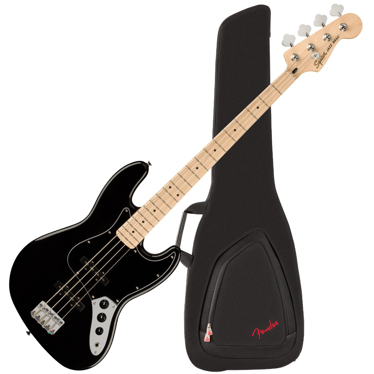 Bundle collage of components in the Squier Affinity Jazz Bass - Maple, Black PERFORMER PAK bundle