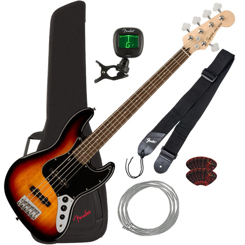 Collage of the components in the Squier Affinity Jazz Bass V - Laurel, 3-Color Sunburst BASS ESSENTIALS BUNDLE