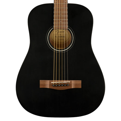 Close-up top view of Fender FA-15 3/4 Steel Acoustic Guitar - Black showing body and portion of fretboard