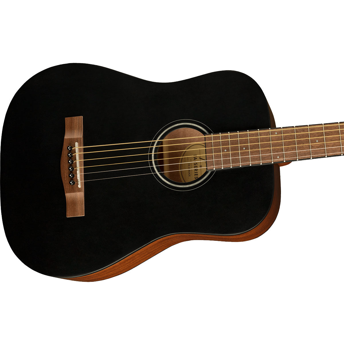 Close-up perspective view of Fender FA-15 3/4 Steel Acoustic Guitar - Black showing top and right side of body and portion of fretboard