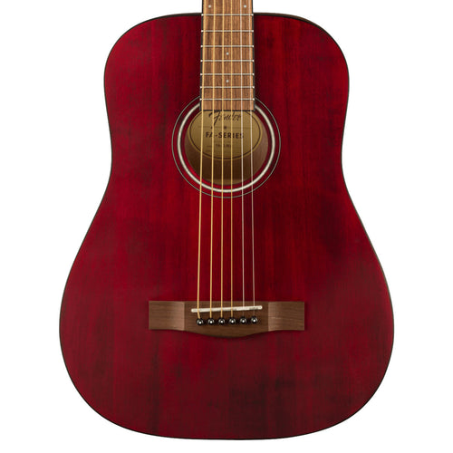 Close-up top view of Fender FA-15 3/4 Steel Acoustic Guitar - Red showing body and portion of fretboard