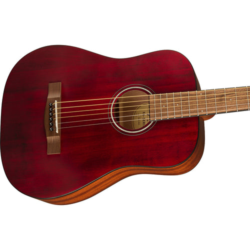 Close-up perspective view of Fender FA-15 3/4 Steel Acoustic Guitar - Red showing top and right side of body and portion of fretboard