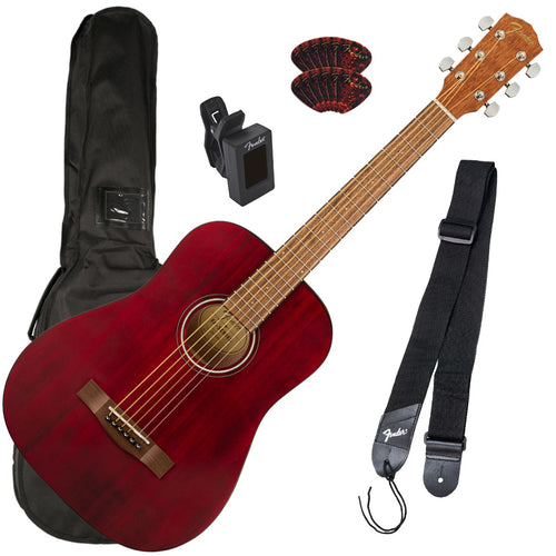 Collage image of the Fender FA-15 3/4 Steel Acoustic Guitar - Red GUITAR ESSENTIALS BUNDLE