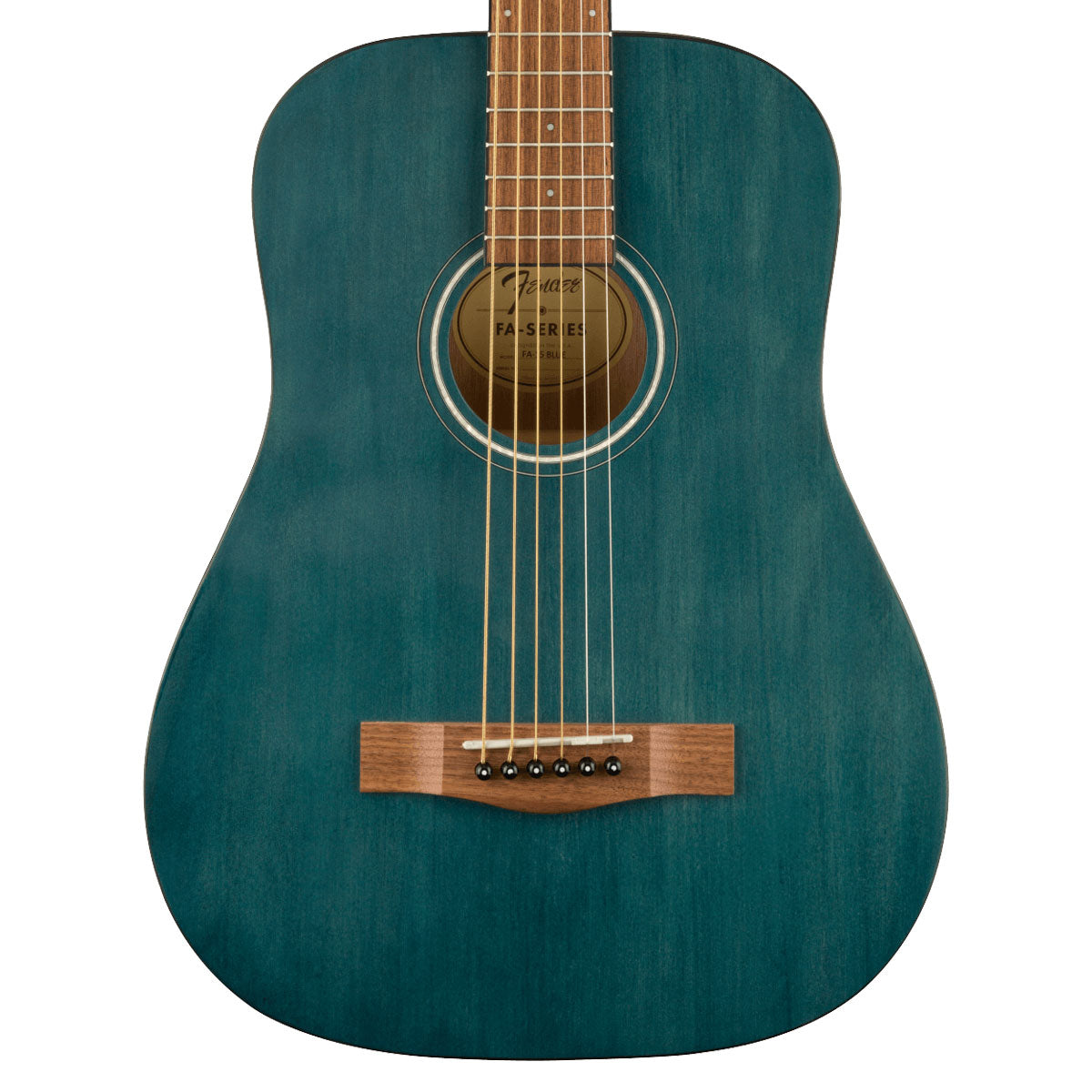 Close-up top view of Fender FA-15 3/4 Steel Acoustic Guitar - Blue showing body and portion of fingerboard