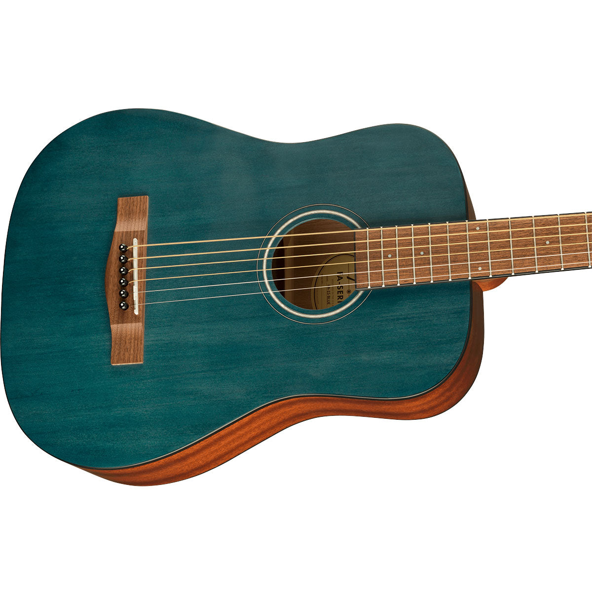 Close-up perspective view of Fender FA-15 3/4 Steel Acoustic Guitar - Blue showing top and right side of body and portion of fretboard