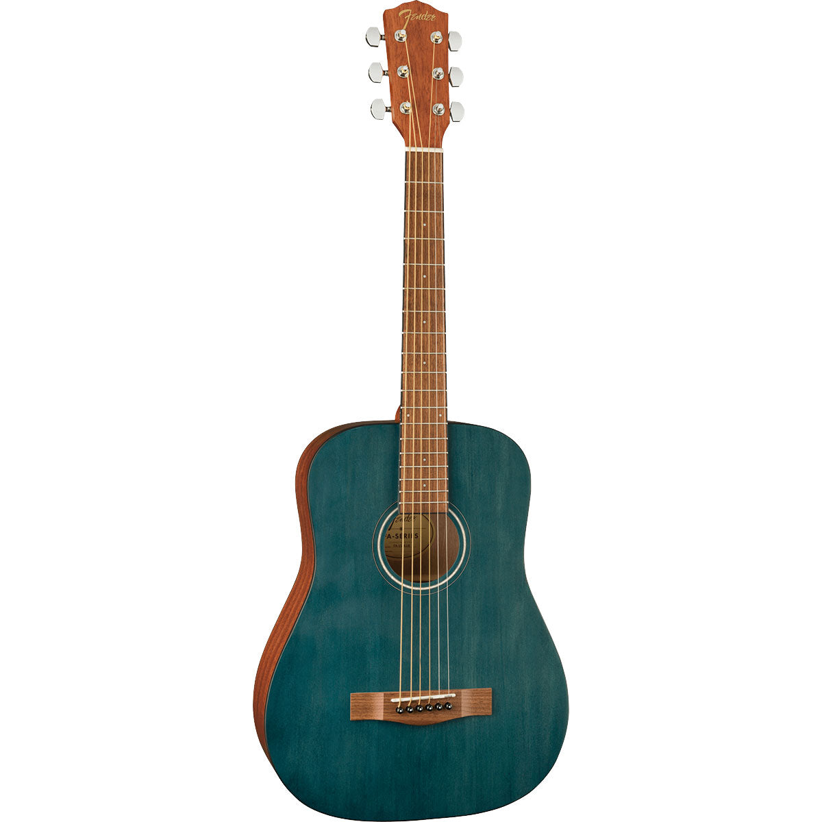 Perspective view of Fender FA-15 3/4 Steel Acoustic Guitar - Blue showing top and left side