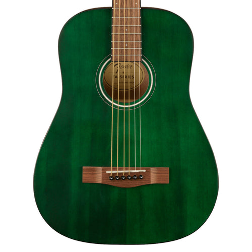 Close-up top view of Fender FA-15 3/4 Steel Acoustic Guitar - Green showing body and portion of fretboard