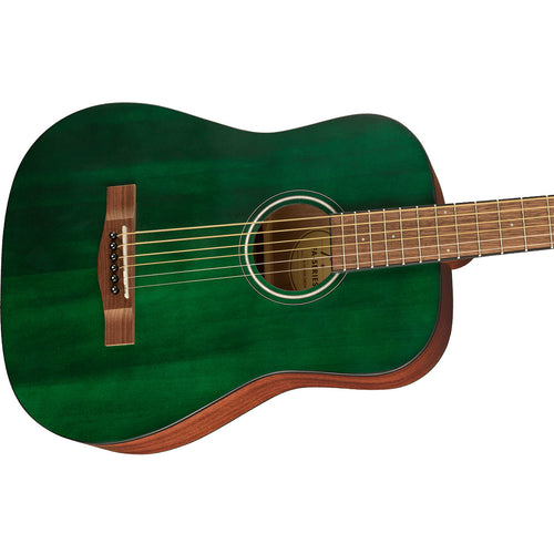Close-up perspective view of Fender FA-15 3/4 Steel Acoustic Guitar - Green showing top and right side of body and portion of fretboard