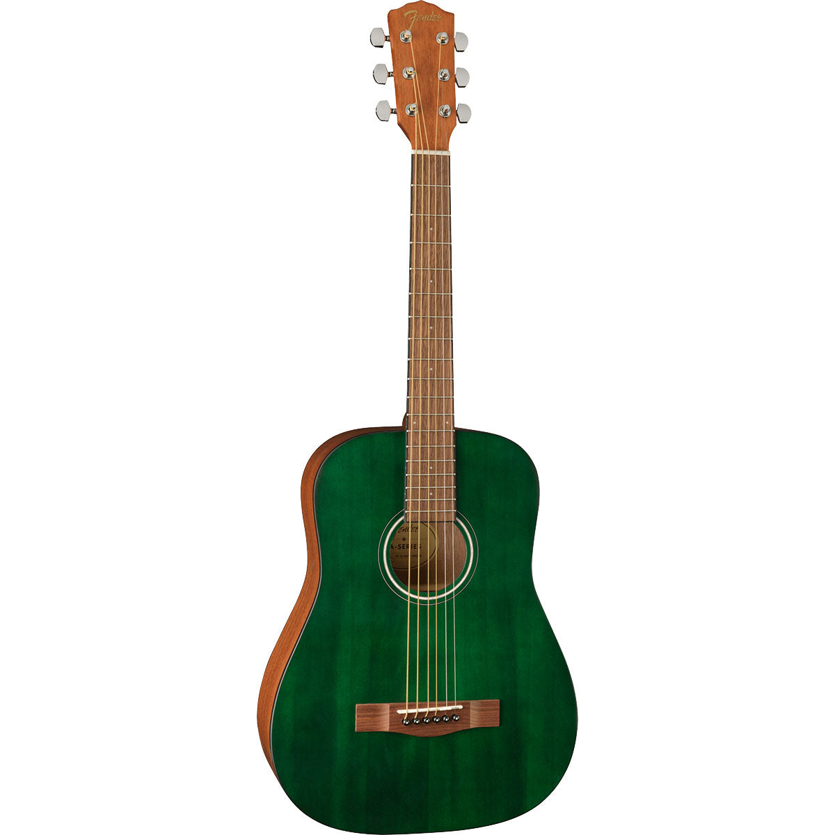 Perspective view of Fender FA-15 3/4 Steel Acoustic Guitar - Green showing top and left side