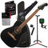 Collage image of the Fender Joe Strummer Campfire Matte Black Acoustic Guitar Essentials bundle