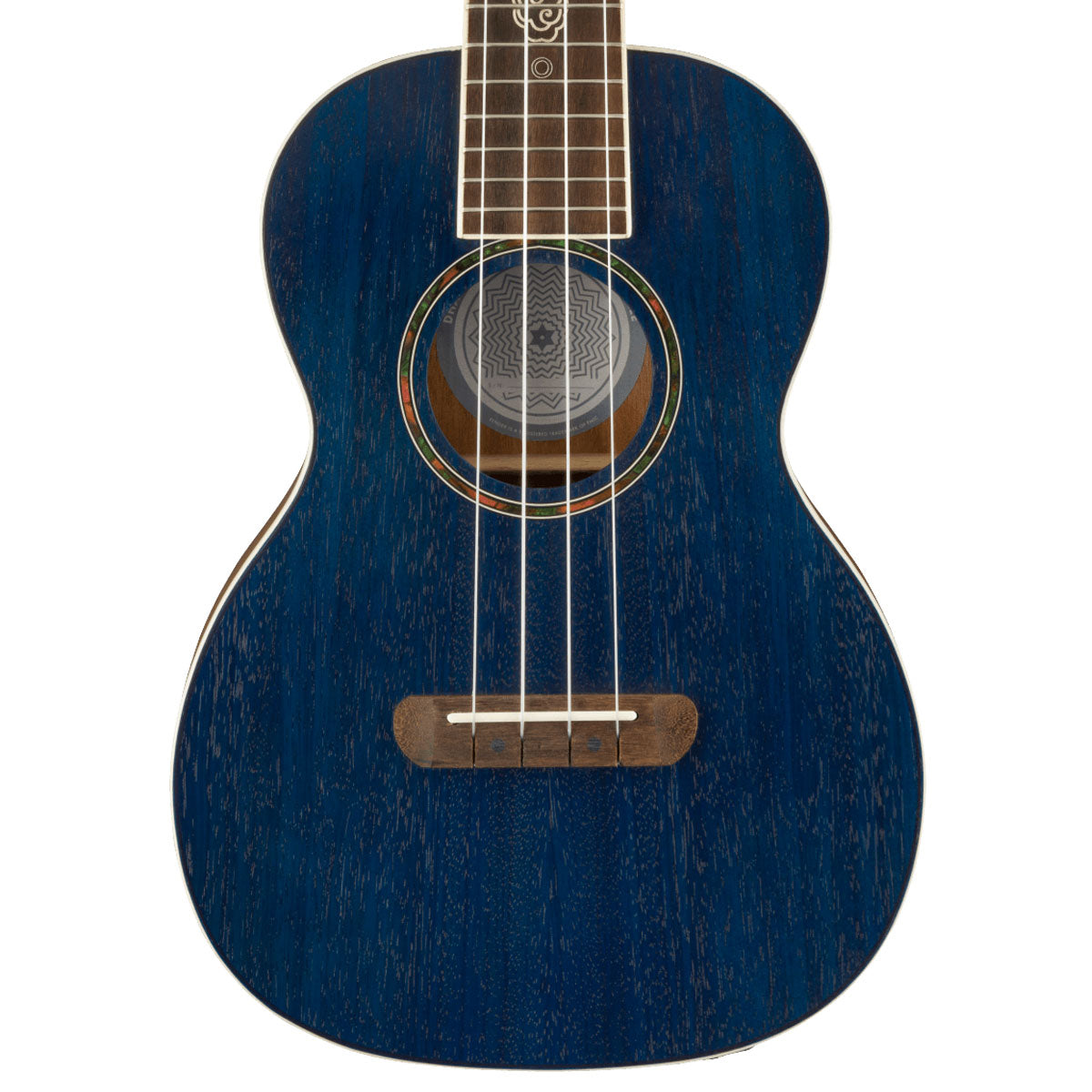 Close-up top view of Fender Dhani Harrison Signature Ukulele - Sapphire Blue showing body and portion of fretboard