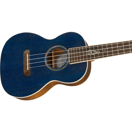 Close-up perspective view of Fender Dhani Harrison Signature Ukulele - Sapphire Blue showing top and right side of body and portion of fretboard