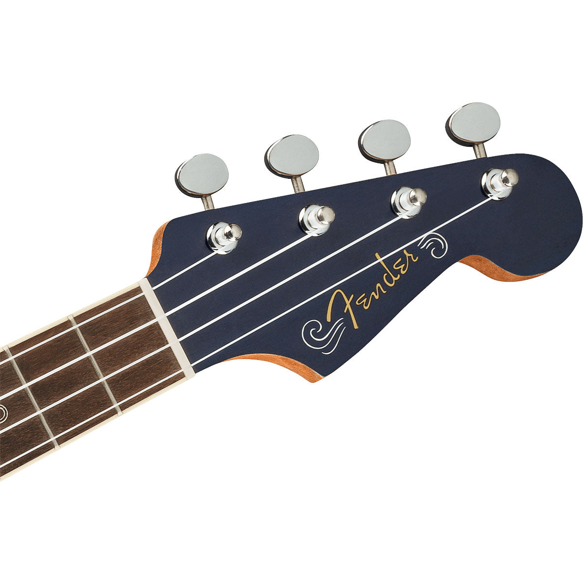 Detail image of Fender Dhani Harrison Signature Ukulele - Sapphire Blue showing top of headstock and portion of fretboard