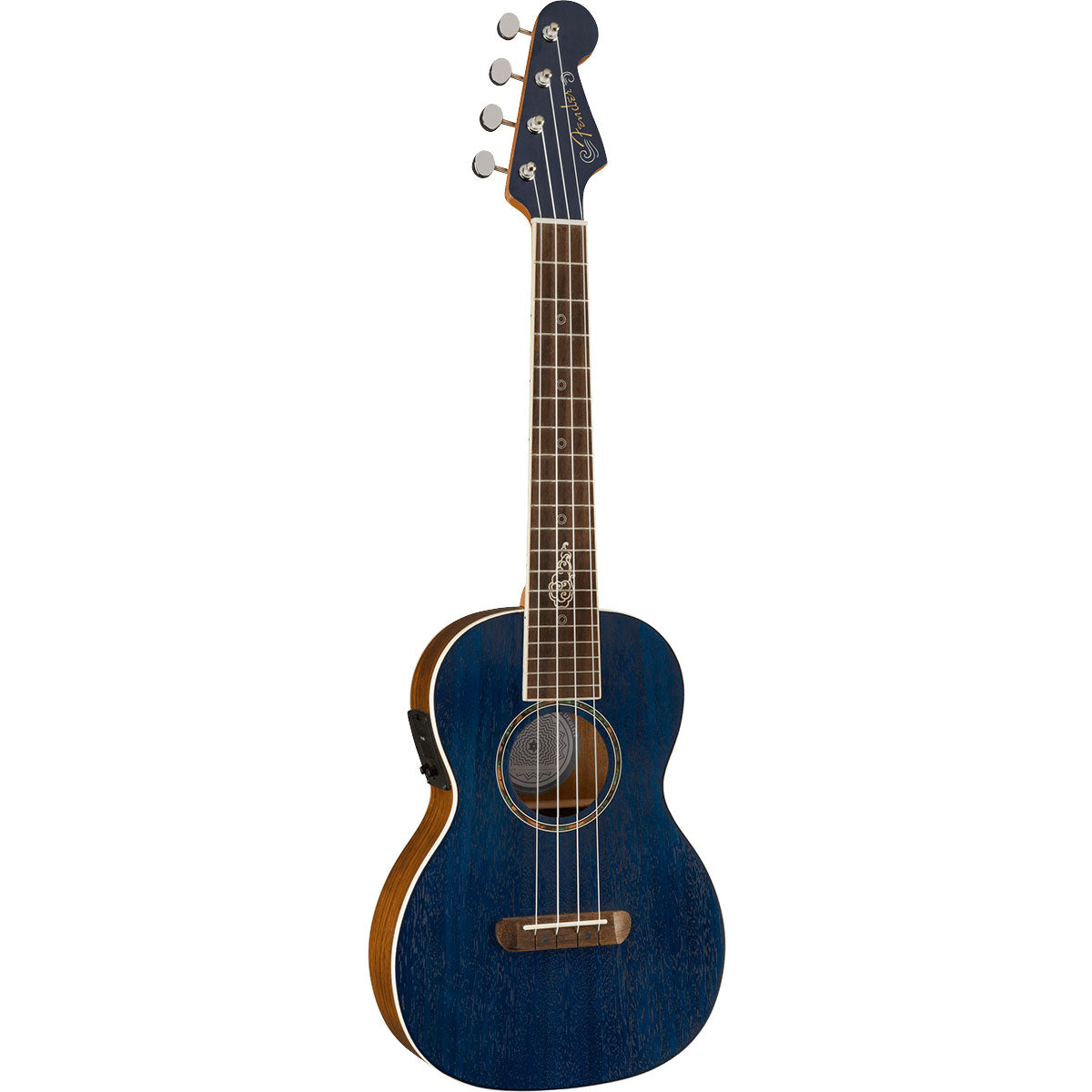 Perspective view of Fender Dhani Harrison Signature Ukulele - Sapphire Blue showing top and left side