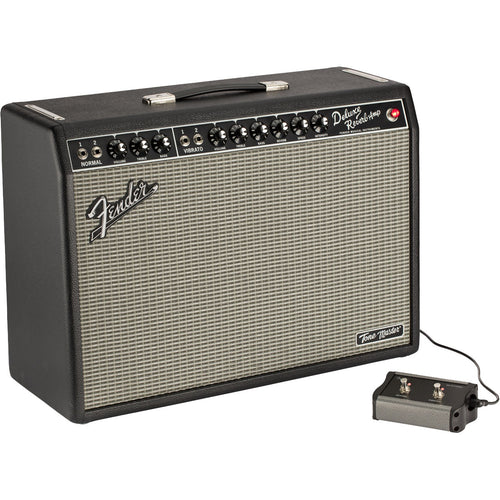 3/4 view of Fender Tone Master Deluxe Reverb Guitar Amplifier with included 2-button footswitch showing front, top and left side