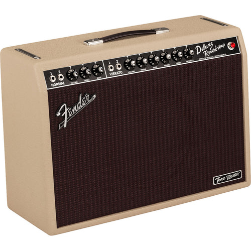 3/4 view of Fender Tone Master Deluxe Reverb Blonde Guitar Amplifier showing front, top and left side