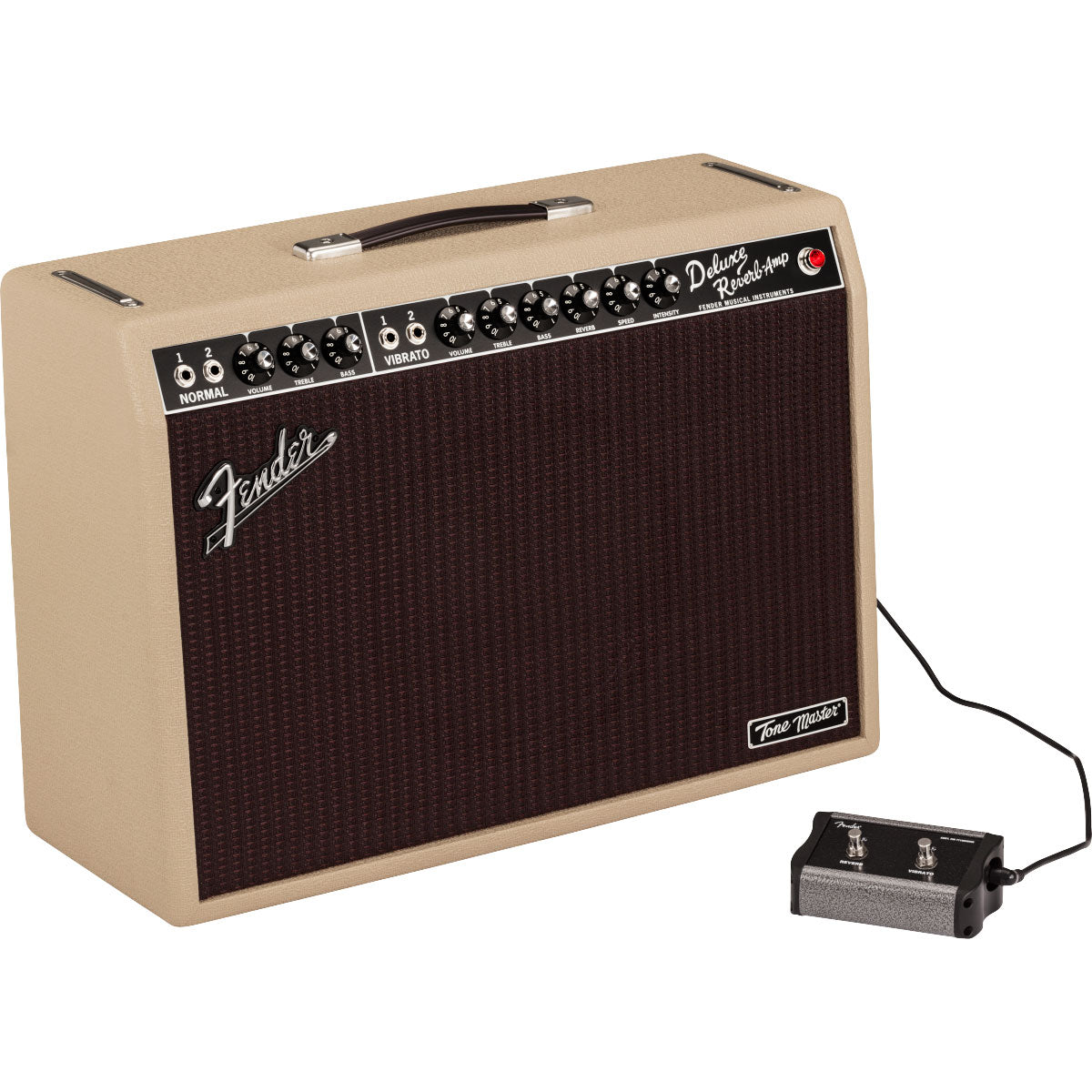 3/4 view of Fender Tone Master Deluxe Reverb Blonde Guitar Amplifier with included 2-button footswitch showing front, top and left side