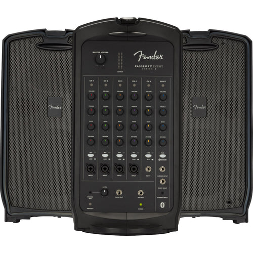 Front view grouped/overlapping components of Fender Passport Event Series 2 including two speakers and mixer