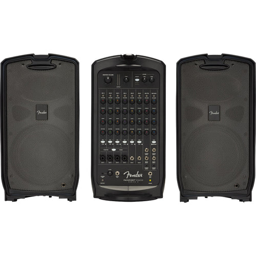 Front view separated components of Fender Passport Venue Series 2 including two speakers and mixer