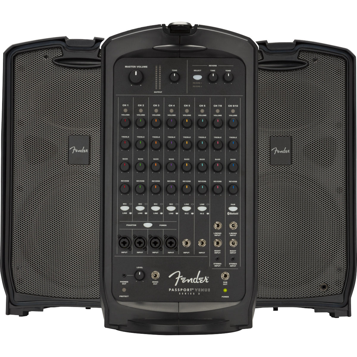 Front view grouped/overlapping components of Fender Passport Venue Series 2 including two speakers and mixer