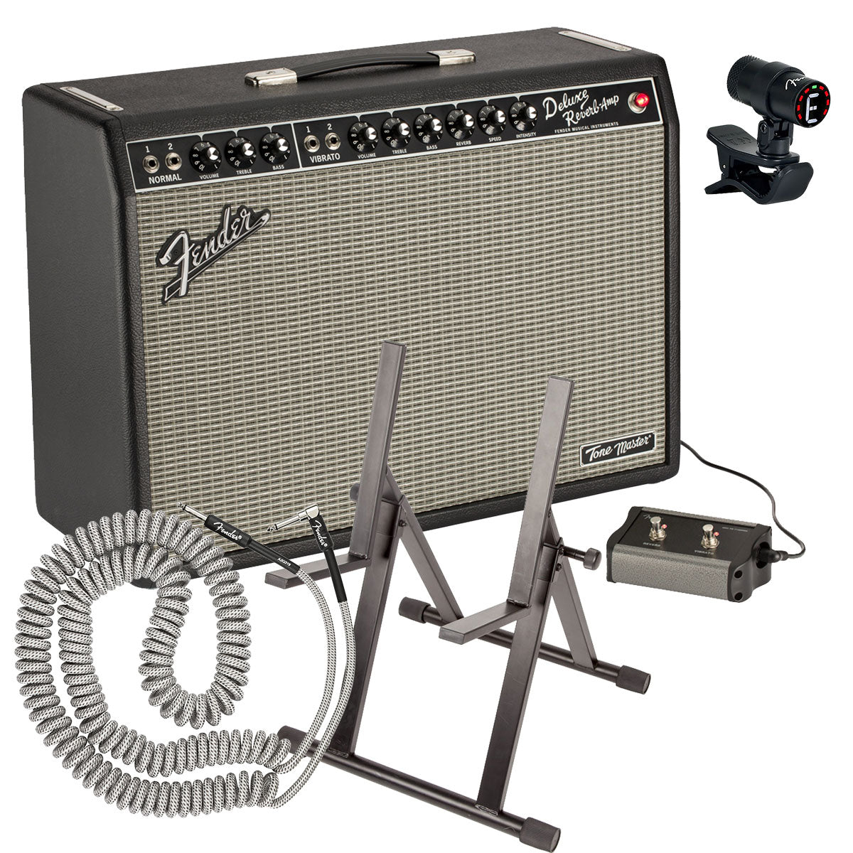 Collage image of the Fender Tone Master Deluxe Reverb Guitar Amplifier COMPLETE STAGE BUNDLE