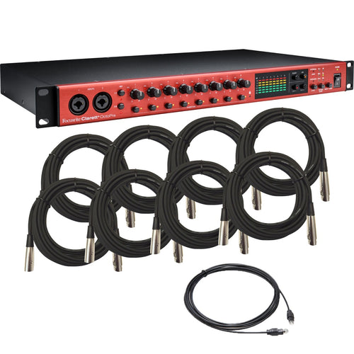 Collage showing components in Focusrite Clarett+ OctoPre 8-Channel Mic Preamp CABLE KIT