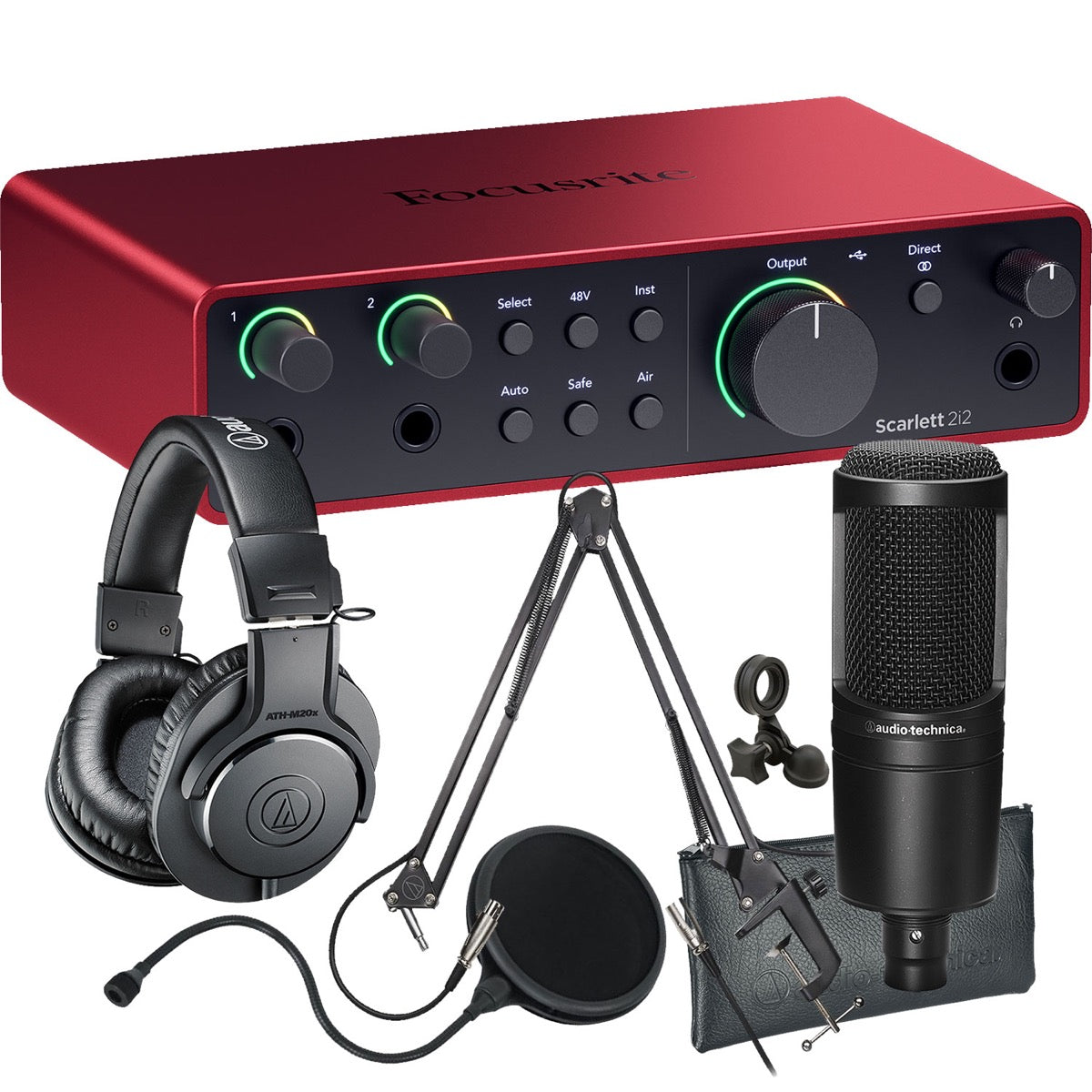 Collage showing components in Focusrite Scarlett 2i2 (4th Gen) USB Audio Interface PODCASTING PAK