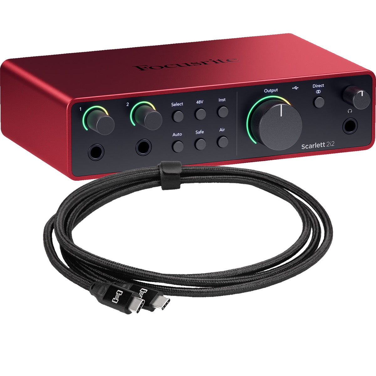 Collage showing components in Focusrite Scarlett 2i2 (4th Gen) USB Audio Interface USB-C CABLE KIT
