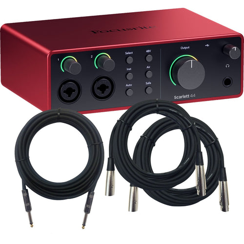 Collage showing components in Focusrite Scarlett 4i4 (4th Gen) USB Audio Interface CABLE KIT