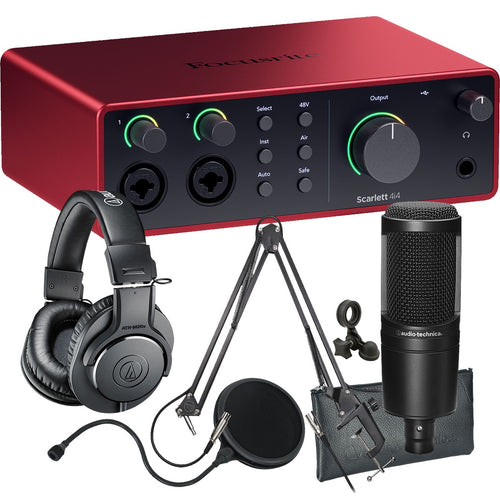 Collage showing components in Focusrite Scarlett 4i4 (4th Gen) USB Audio Interface PODCASTING PAK
