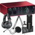 Collage showing components in Focusrite Scarlett 4i4 (4th Gen) USB Audio Interface PODCASTING PAK