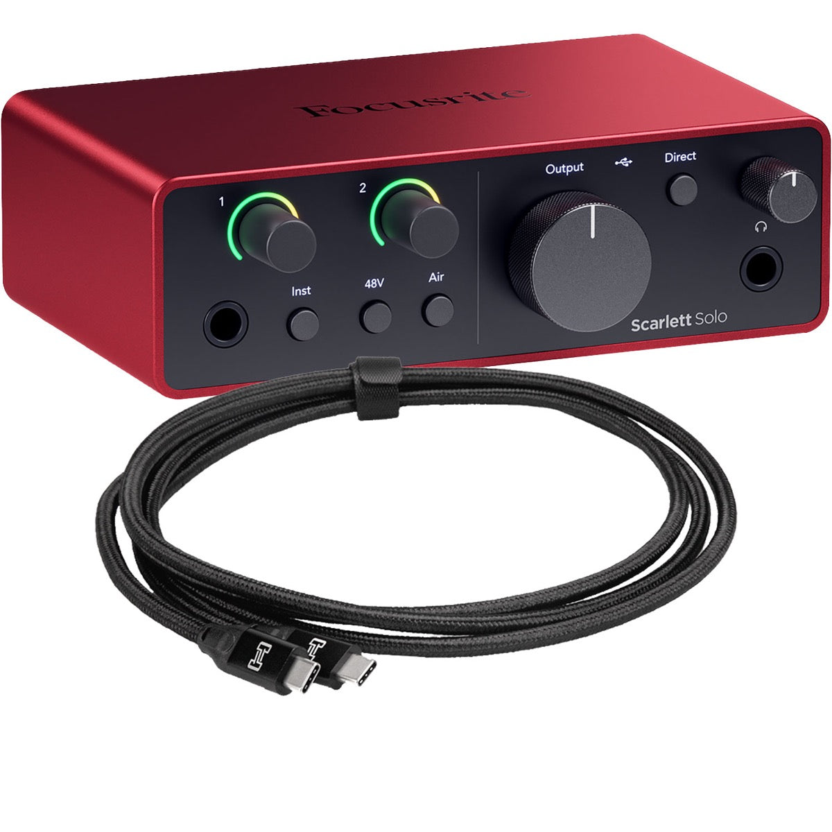 Collage showing components in Focusrite Scarlett Solo (4th Gen) USB Audio Interface USB-C CABLE KIT