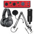 Collage showing components in Focusrite Clarett+ 2Pre USB Audio Interface PODCASTING PAK