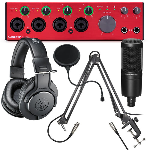 Collage showing components in Focusrite Clarett+ 4Pre USB Audio Interface PODCASTING PAK
