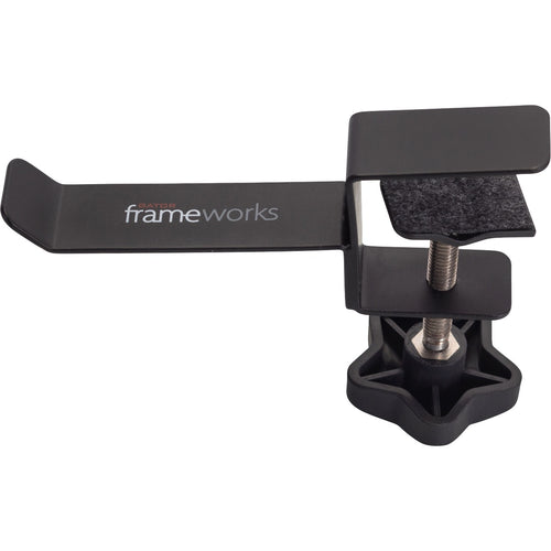 Perspective view of Gator Frameworks GFW-HP-HANGERDESK Headphone Hanger for Desk showing front and top