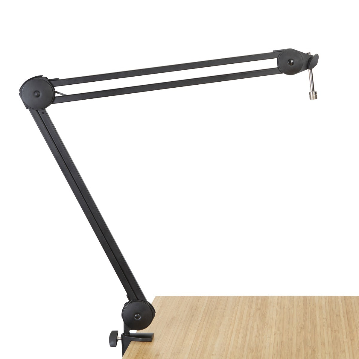 Image of the Gator Frameworks Desktop Mic Boom Stand clamped to a desk without the mic attached